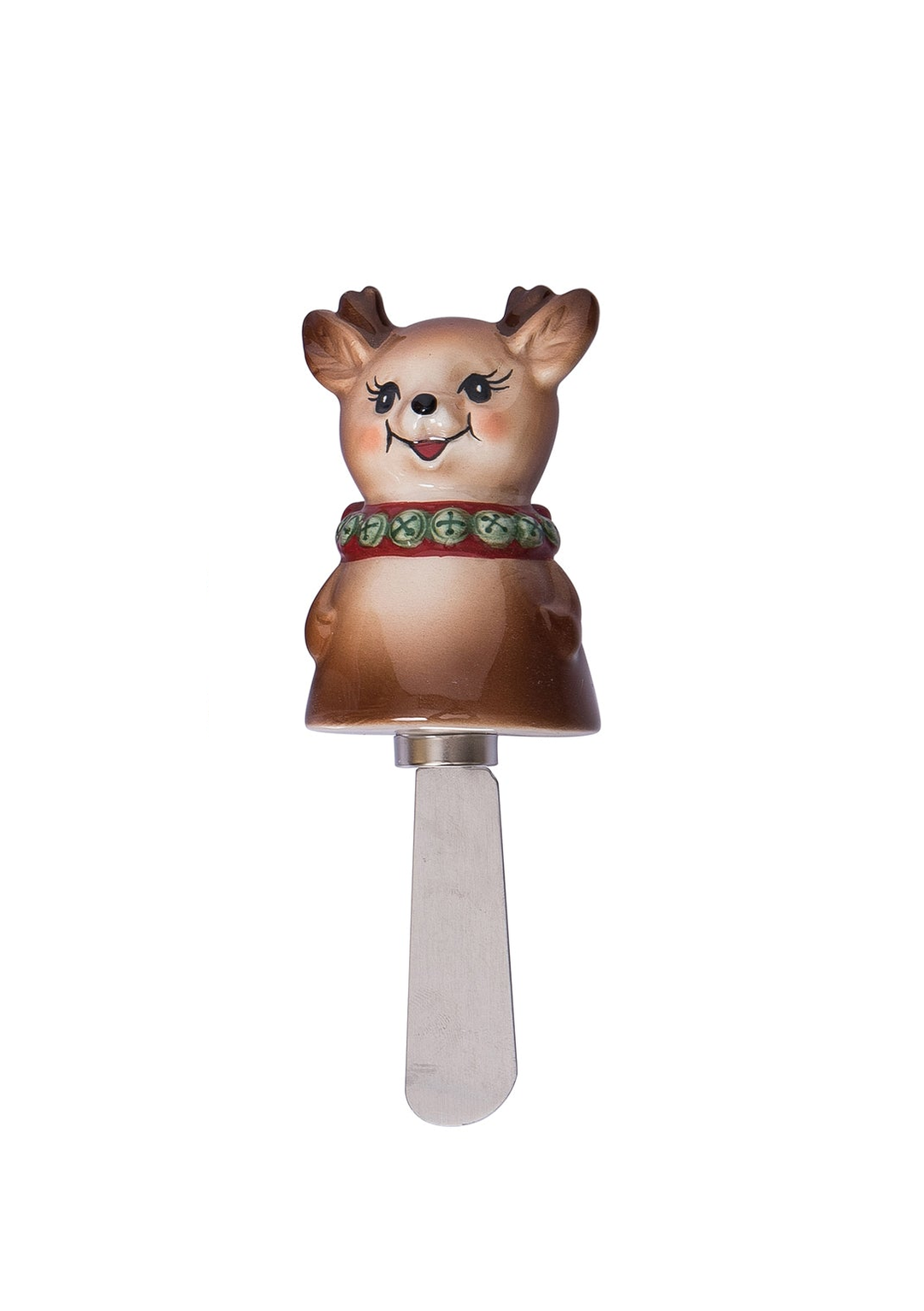 Vintage-style reindeer dolomite spreader with a brown ceramic handle and metal blade.