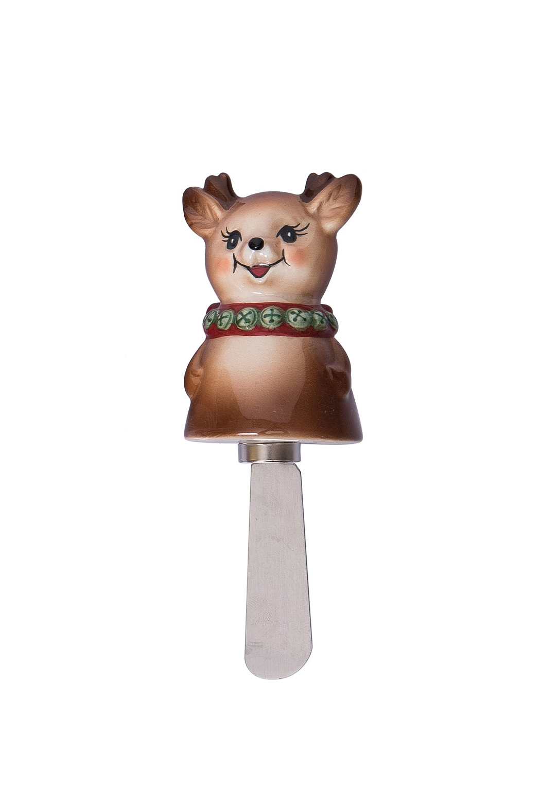 Vintage-style reindeer dolomite spreader with a brown ceramic handle and metal blade.
