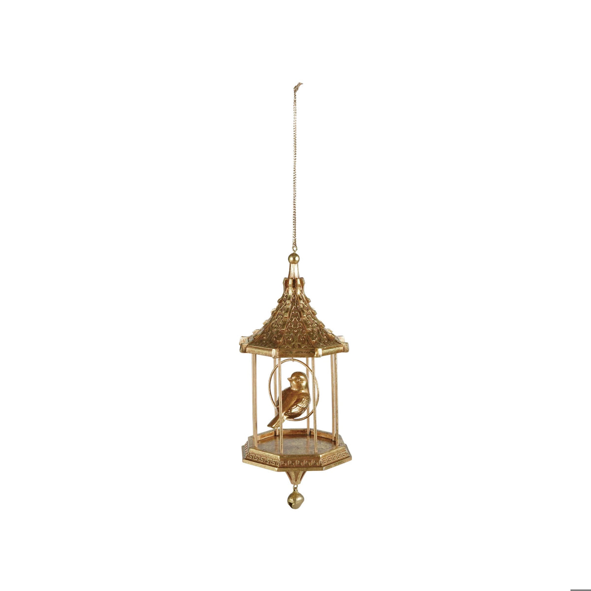 Gold resin birdcage ornament with a pagoda roof, hexagonal frame, and a bird inside.