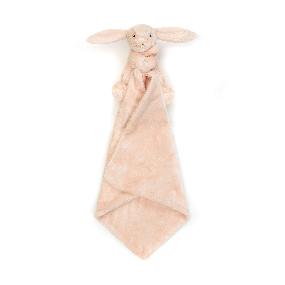 Bashful Blush Bunny Soother featuring a soft pink plush bunny attached to a matching blanket.