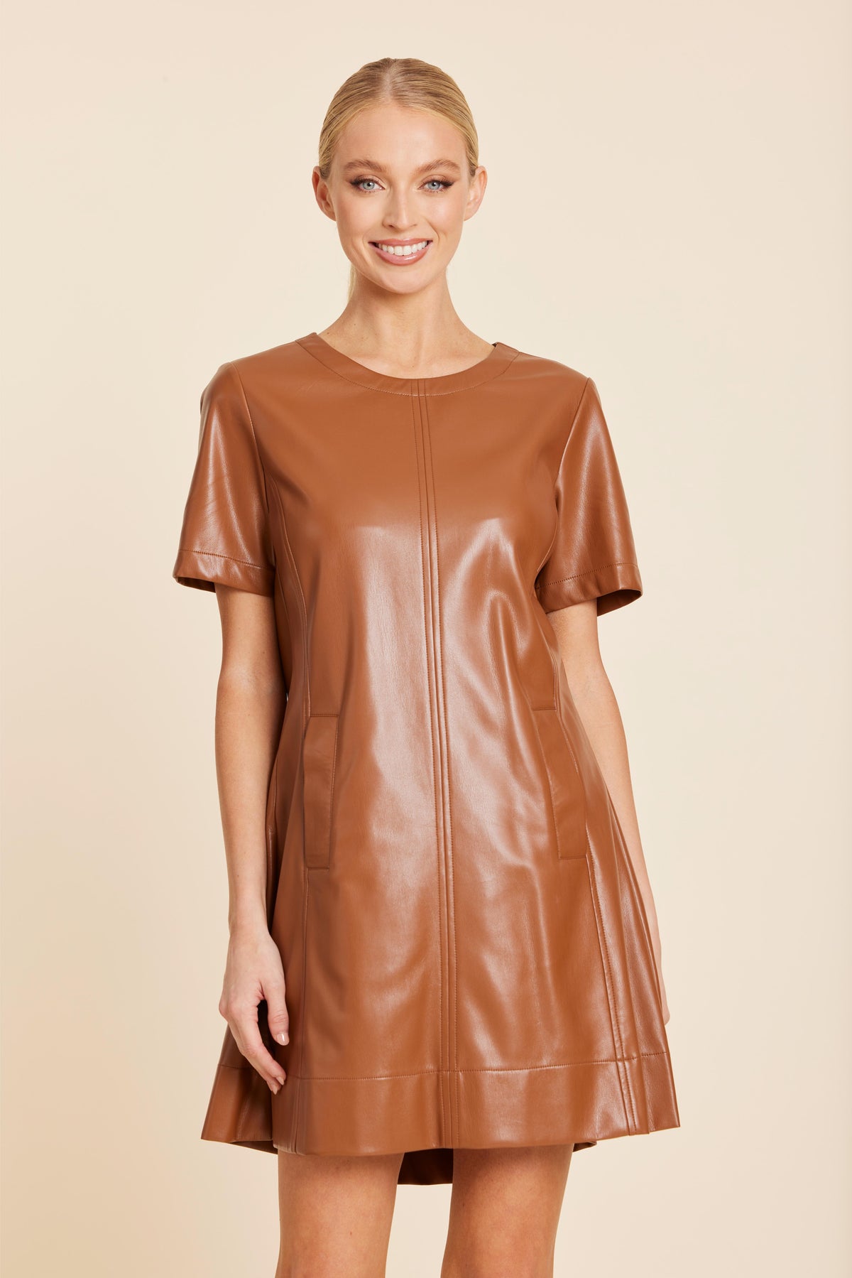 Serena faux leather dress — Saddle