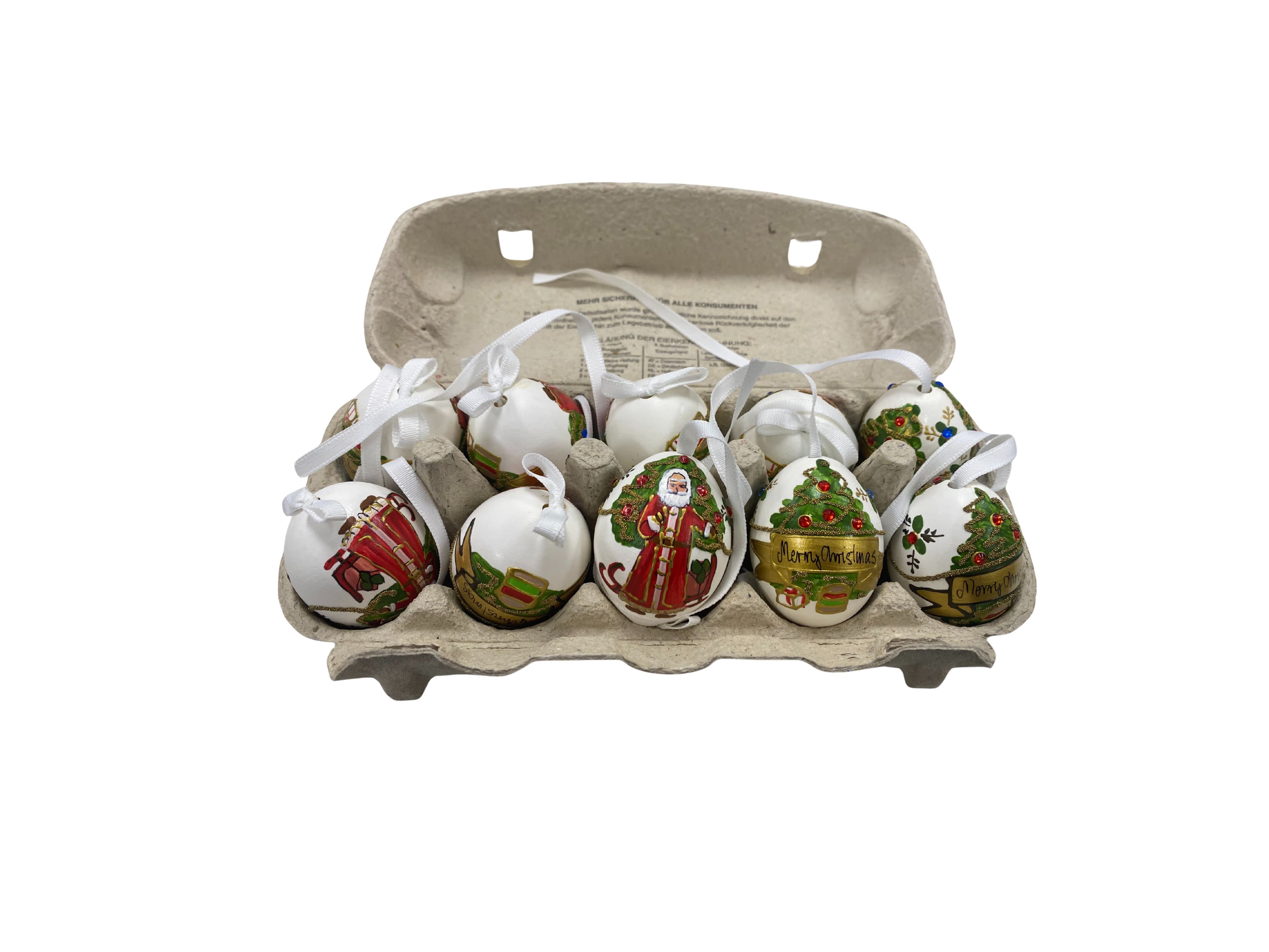 Hand-painted red Santa egg ornament with gold trim.