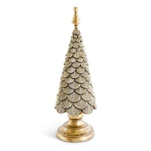 Scalloped gold glittered resin tree with a textured scale design on a round pedestal base.