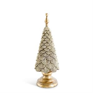 Scalloped gold glittered resin tree on a pedestal base with a decorative finial top.