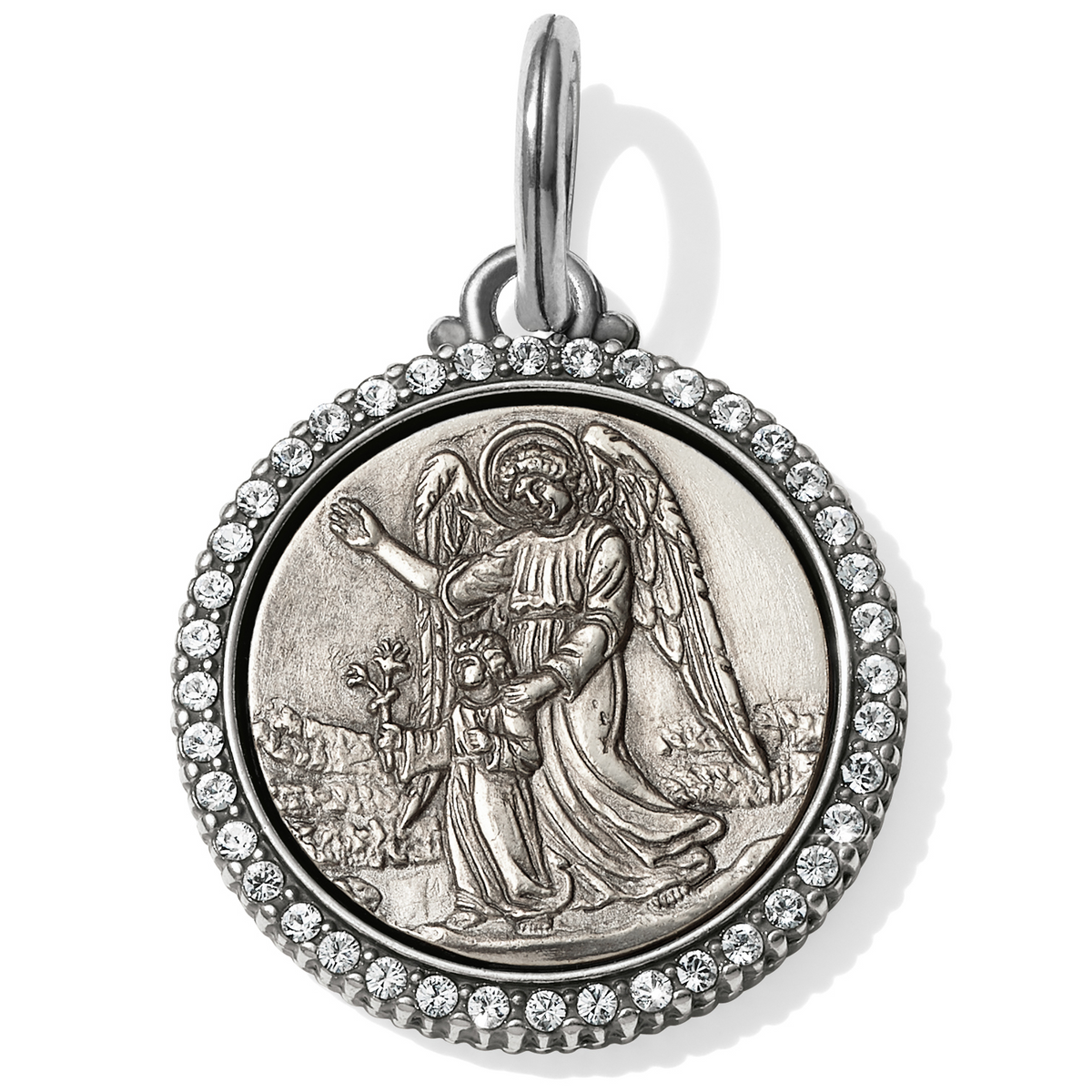 Silver-plated Serenity Angel Amulet with a crystal-encrusted border and embossed angel design.
