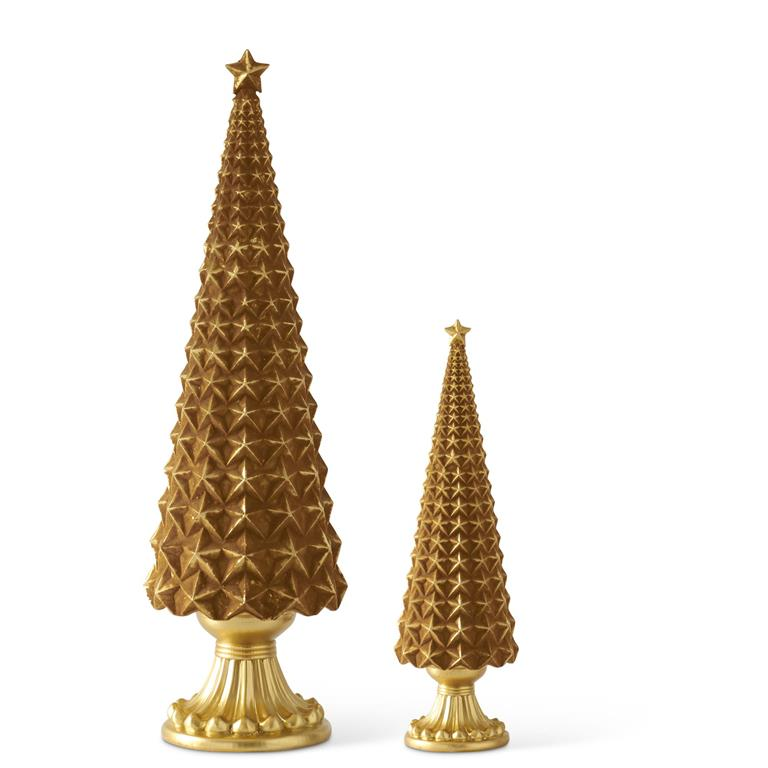 Two gold velvet star embossed resin trees in different sizes with star toppers on pedestals.