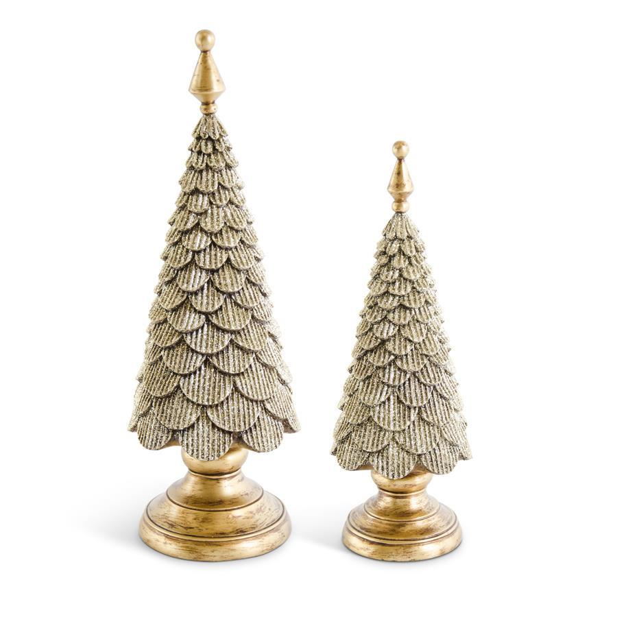 Two scalloped gold glittered resin trees in different sizes on round pedestal bases.