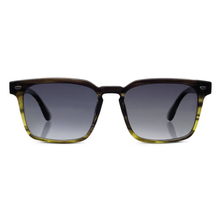 Shasta Bifocal Sun sunglasses with polycarbonate frames in green ombre horn finish and polarized smoke gradient lenses.