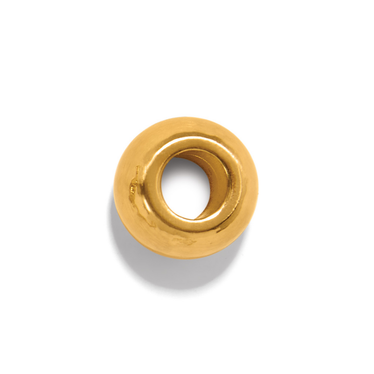 Gold plated round bead with a smooth, polished finish and a central hole for charm carriers.