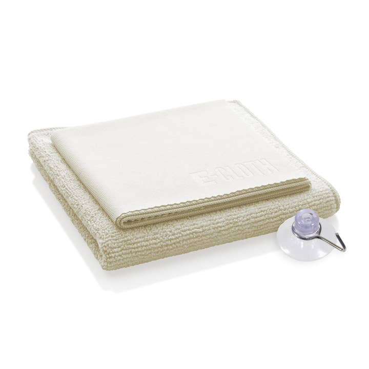 Shower Cleaning Cloth Kit with two cream microfiber cloths and a clear suction hook.
