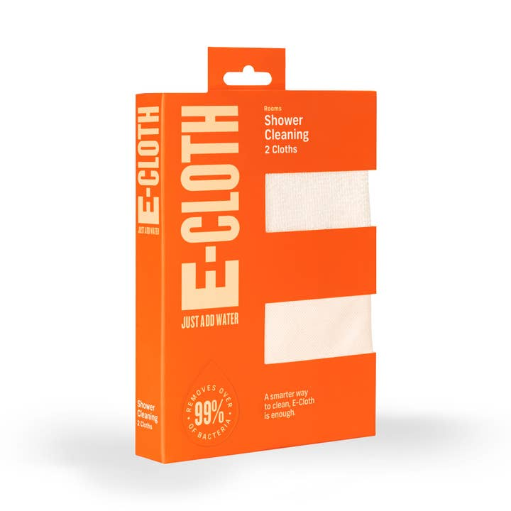 E-Cloth Shower Cleaning Kit in orange packaging with two white microfiber cloths visible.