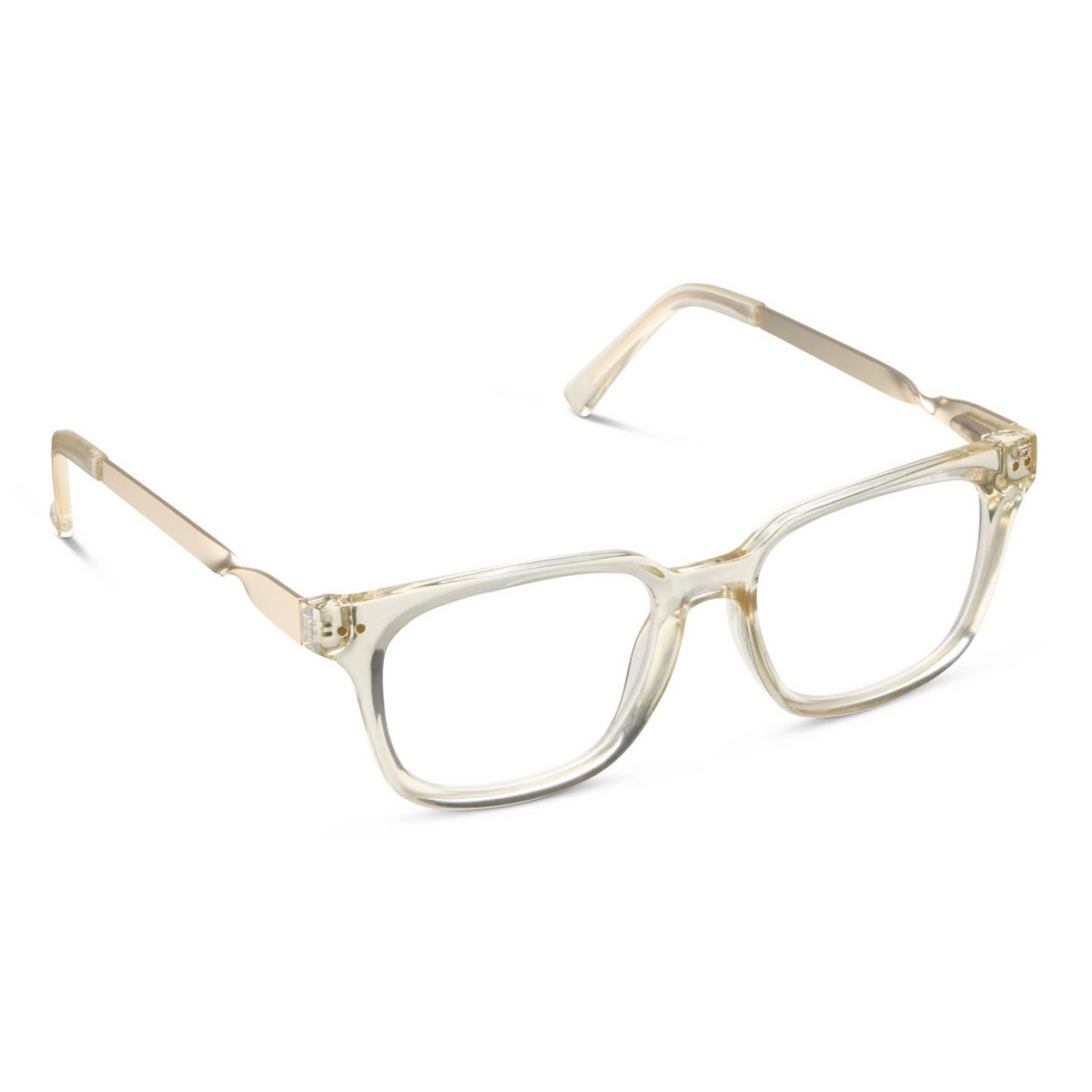 Sidebar Blue Light Glasses in Fog, a clear square polycarbonate frame with gold metal temples.