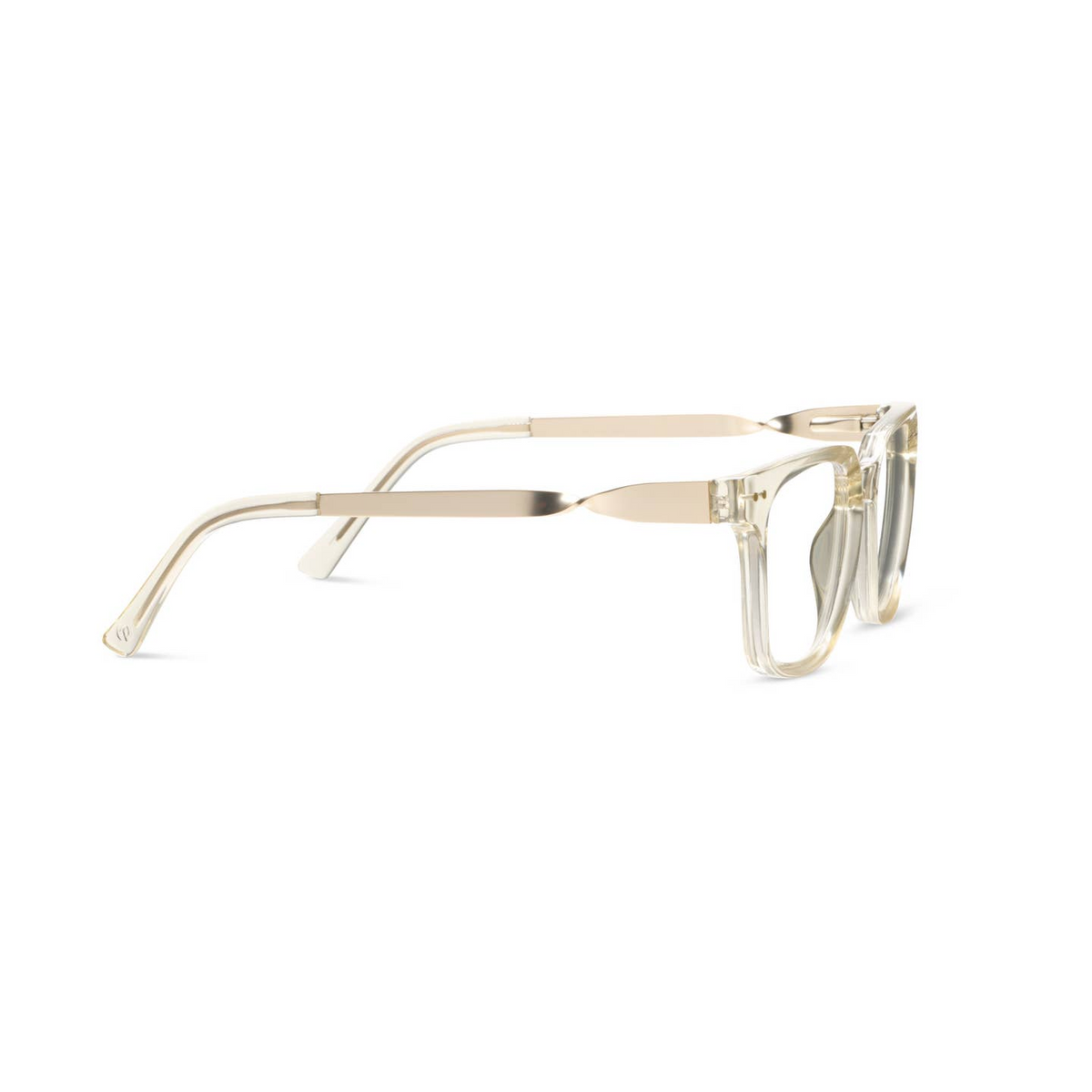 Side view of Sidebar Blue Light Glasses in Fog, featuring clear square frames and gold temples.