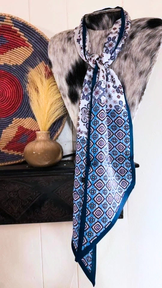 Blue paisley silk twilly scarf wrap with soft polyester material
