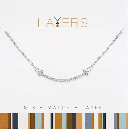 Silver layered necklace with curved cubic zirconia T-shaped pendants