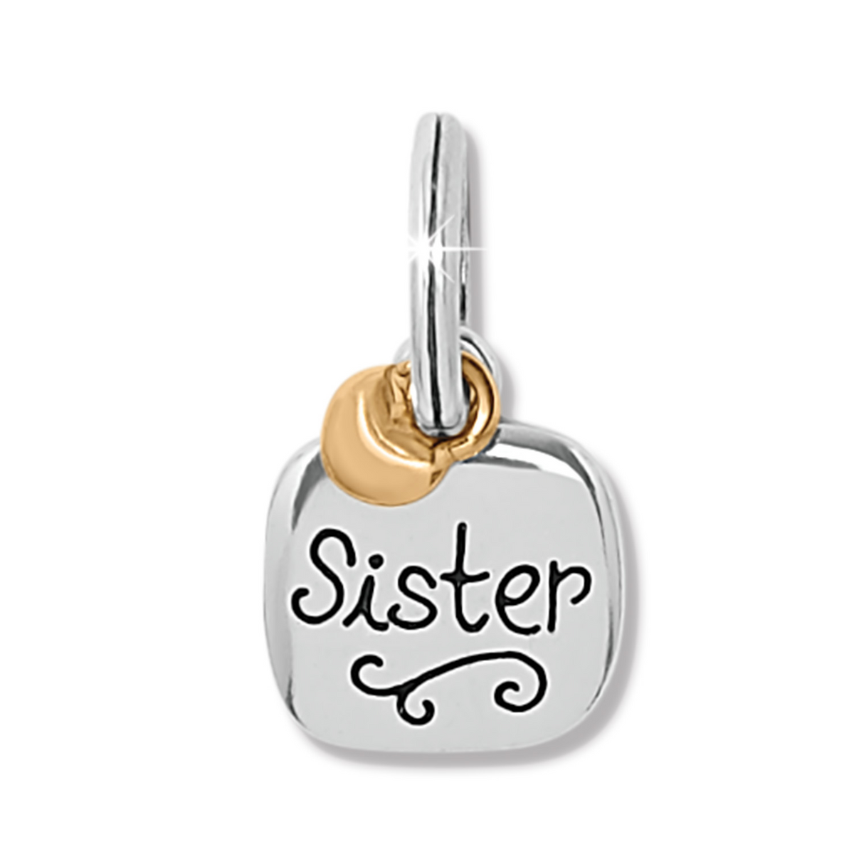 Two-tone silver and gold Sister charm with black script lettering and decorative swirl.