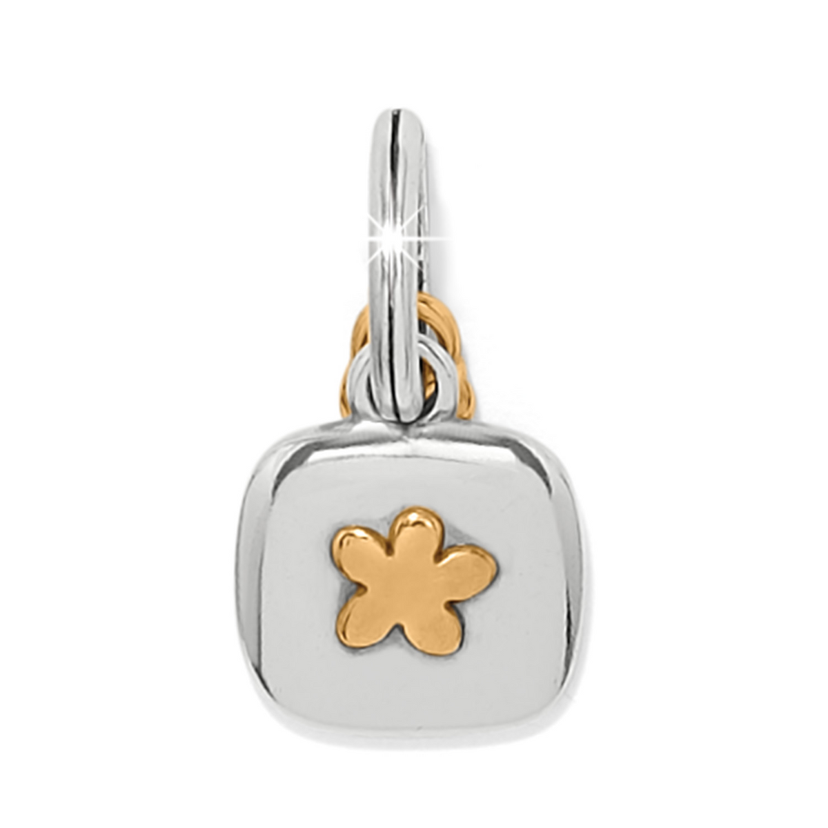 Two-tone silver and gold Sister Sister charm featuring a square pendant with a small gold flower.