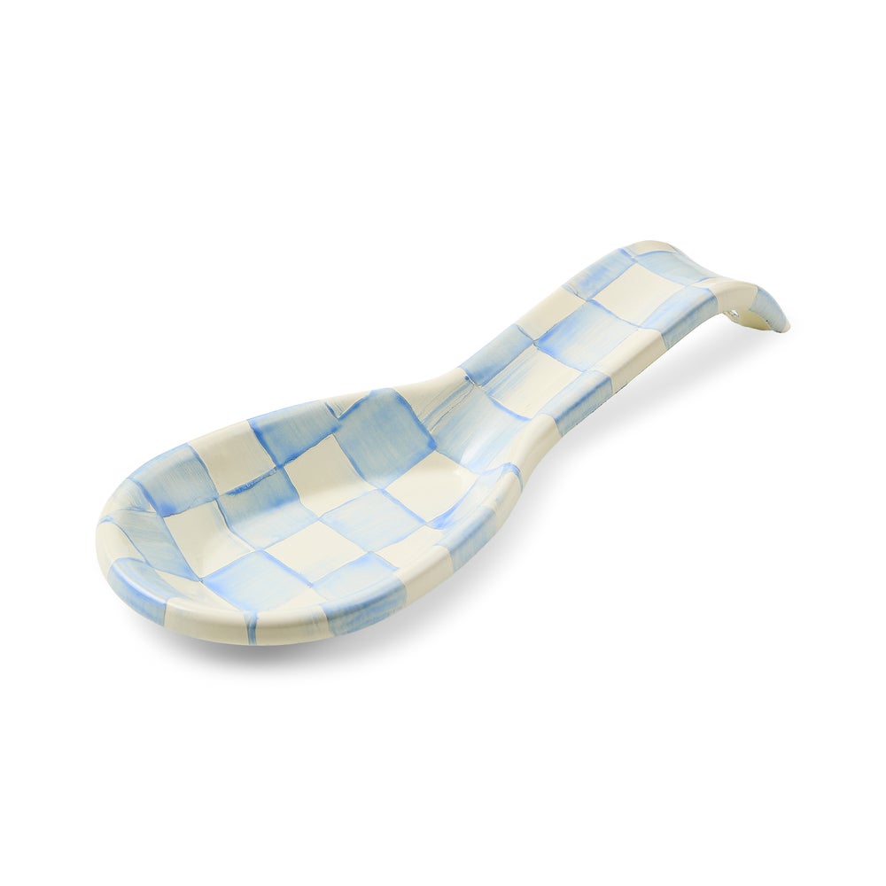 Sky Check Spoon Rest featuring hand-painted light blue and white checks on curved enamel steel.
