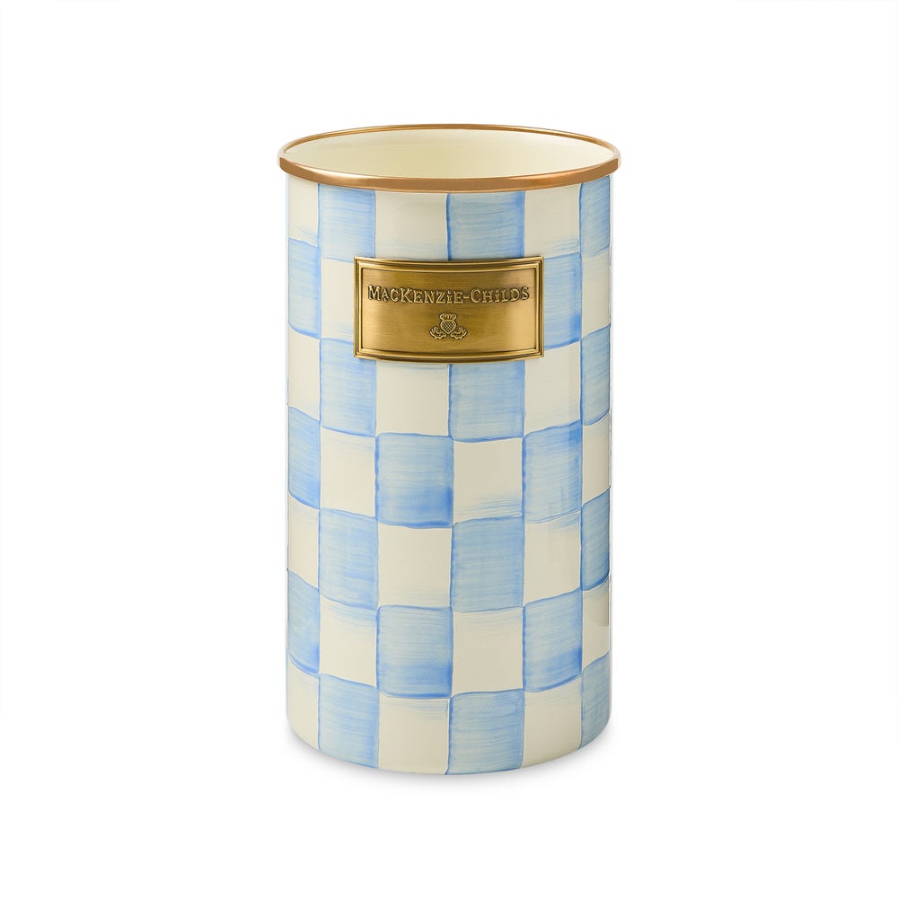 Sky Check Utensil Holder with hand-painted blue and white checks and a bronzed stainless steel rim.