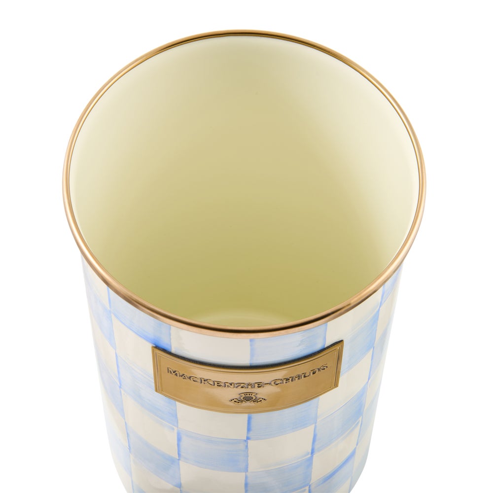 Top view of a Sky Check Utensil Holder with blue hand-painted checks and a bronzed stainless rim.