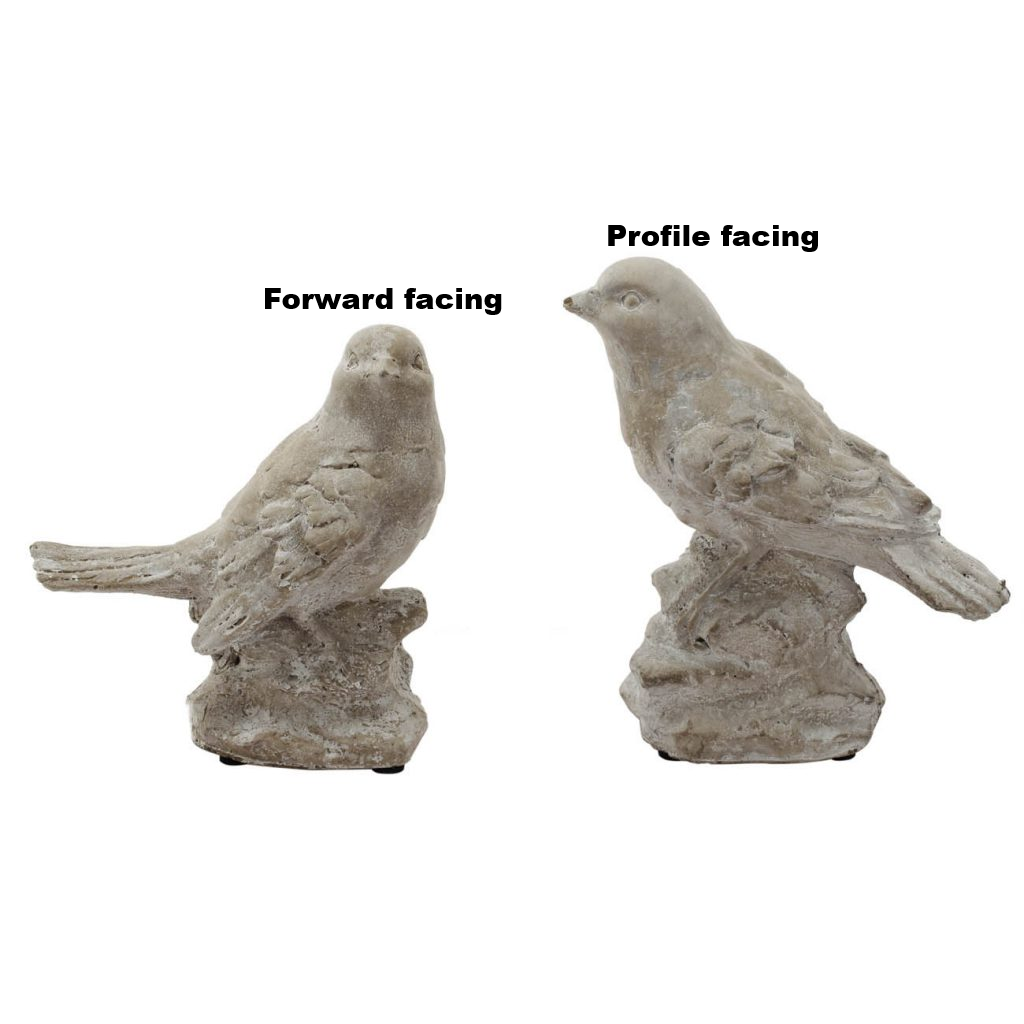 Two cement Skye Watchful Bird figurines, one forward facing and one profile facing.