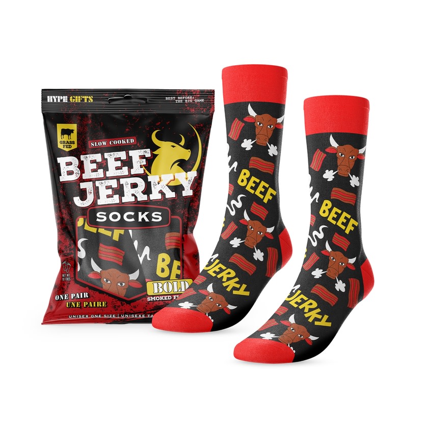 Smokey Beef Jerky Socks in a resealable pouch featuring a bull and jerky pattern.