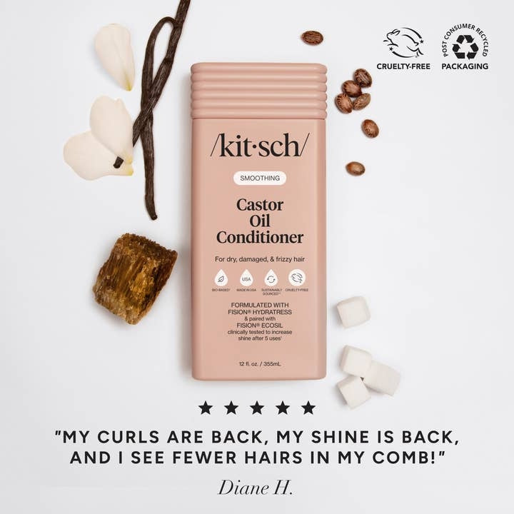 Kitsch Smoothing Castor Oil Conditioner bottle with ingredients and a 5-star customer review.