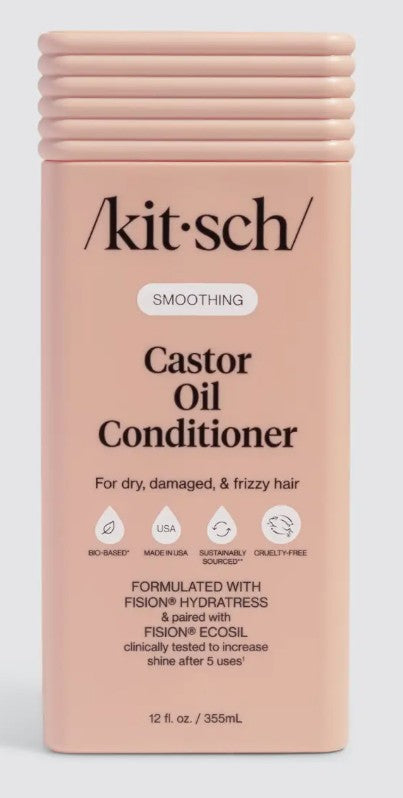 A 12 oz bottle of Kitsch Smoothing Castor Oil Conditioner for dry, damaged, and frizzy hair.