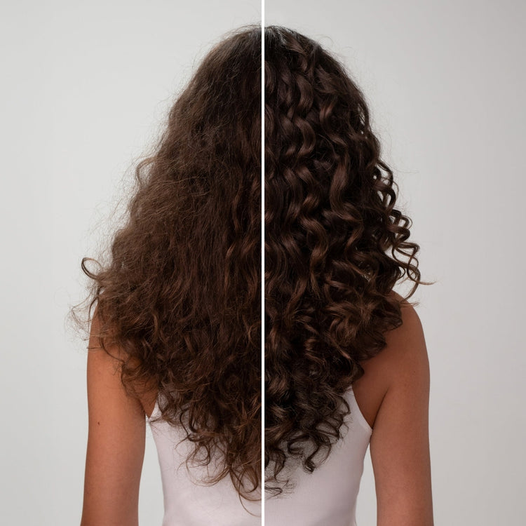 Before and after comparison showing frizzy hair transformed into smooth, defined curls.