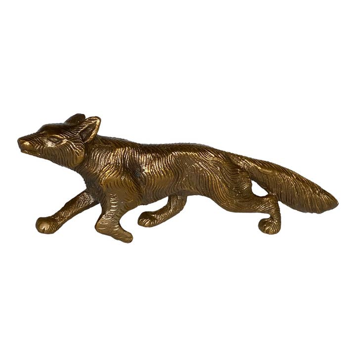 Solid antiqued brass running fox figurine with etched fur detailing for tabletop or desk decor.