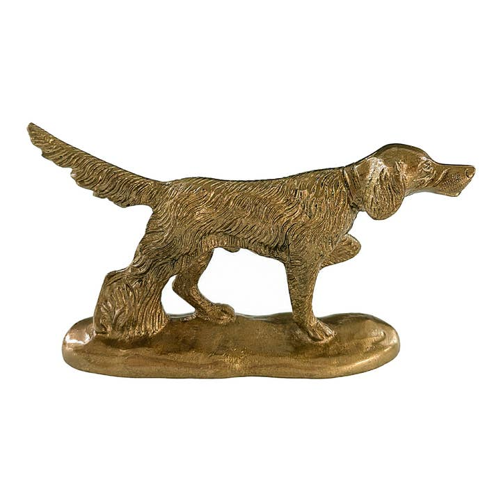 Solid brass pointer dog paperweight with an antiqued finish in a classic hunting pose.