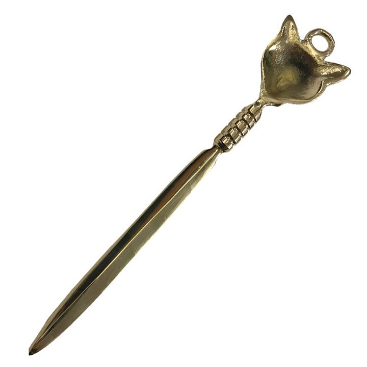 Solid brass vintage-style letter opener featuring a fox head handle with a hanging eyelet.
