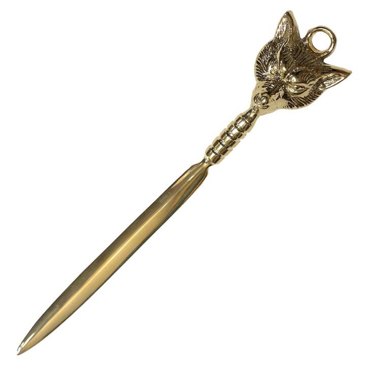 Solid brass vintage style letter opener featuring a detailed fox head handle and pointed blade.