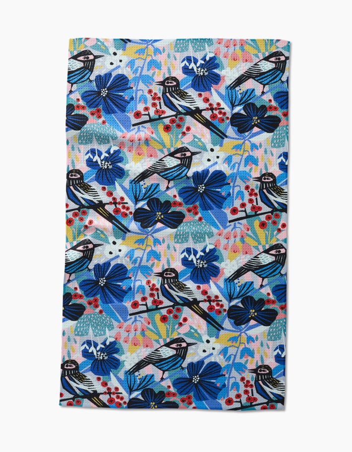 Spring Tea Towel with birds and berries print in waffle weave construction