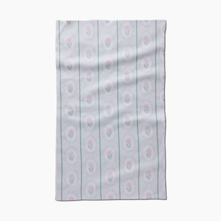 Spring Tea Towel in Cottage Dainty Spotted print with waffle weave construction and a hanging loop.