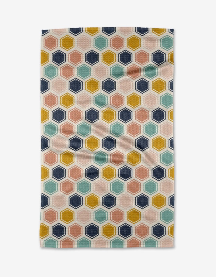 Spring Tea Towel in pollen patchwork waffle weave with a single-sided print and hanging loop.