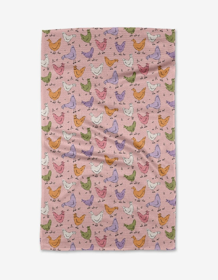Spring Tea Towel with spring chicken print in waffle weave construction