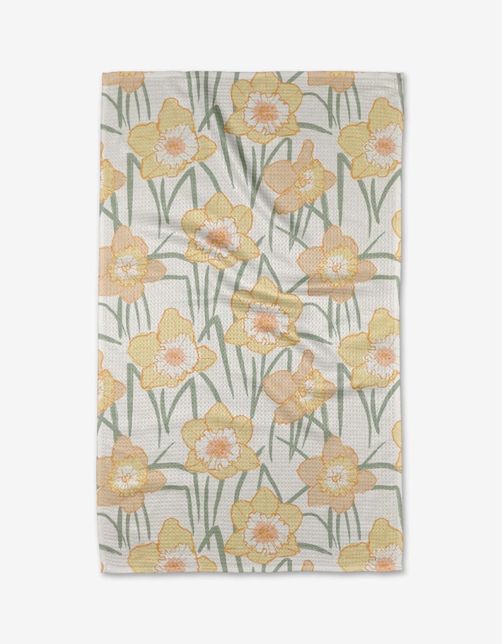 Spring Tea Towel in daffodil yellow waffle weave with floral pattern and hang loop