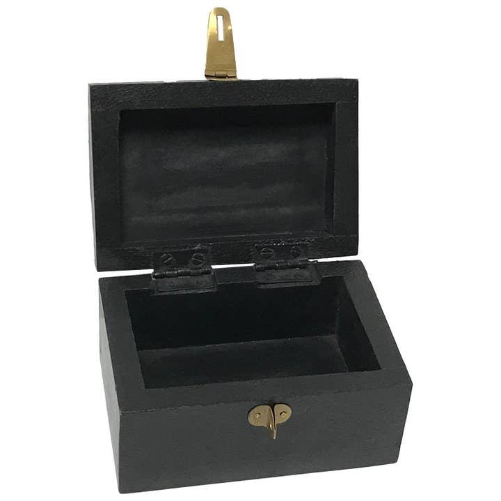 Open black antiqued mango wood storage box with brass latch and hinges.