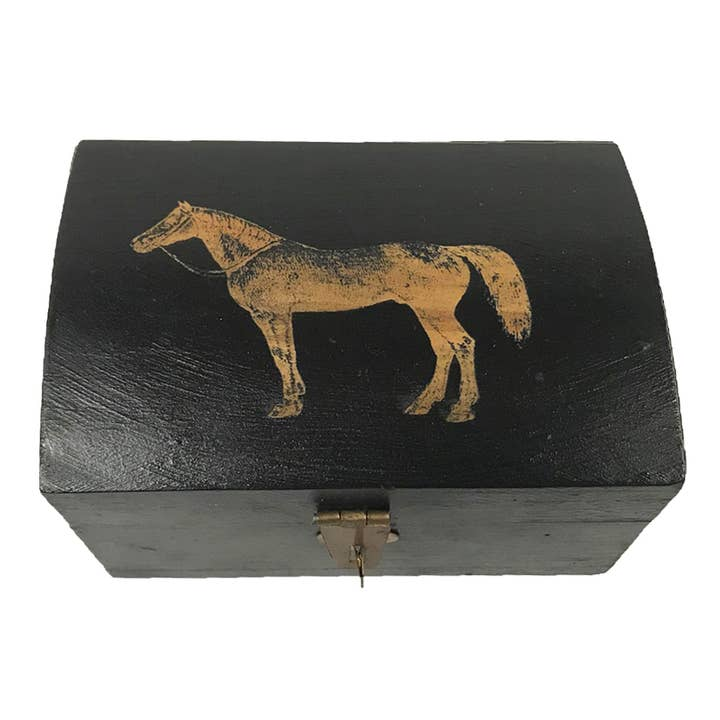 Black antiqued mango wood storage box featuring a gold standing horse design and metal latch.