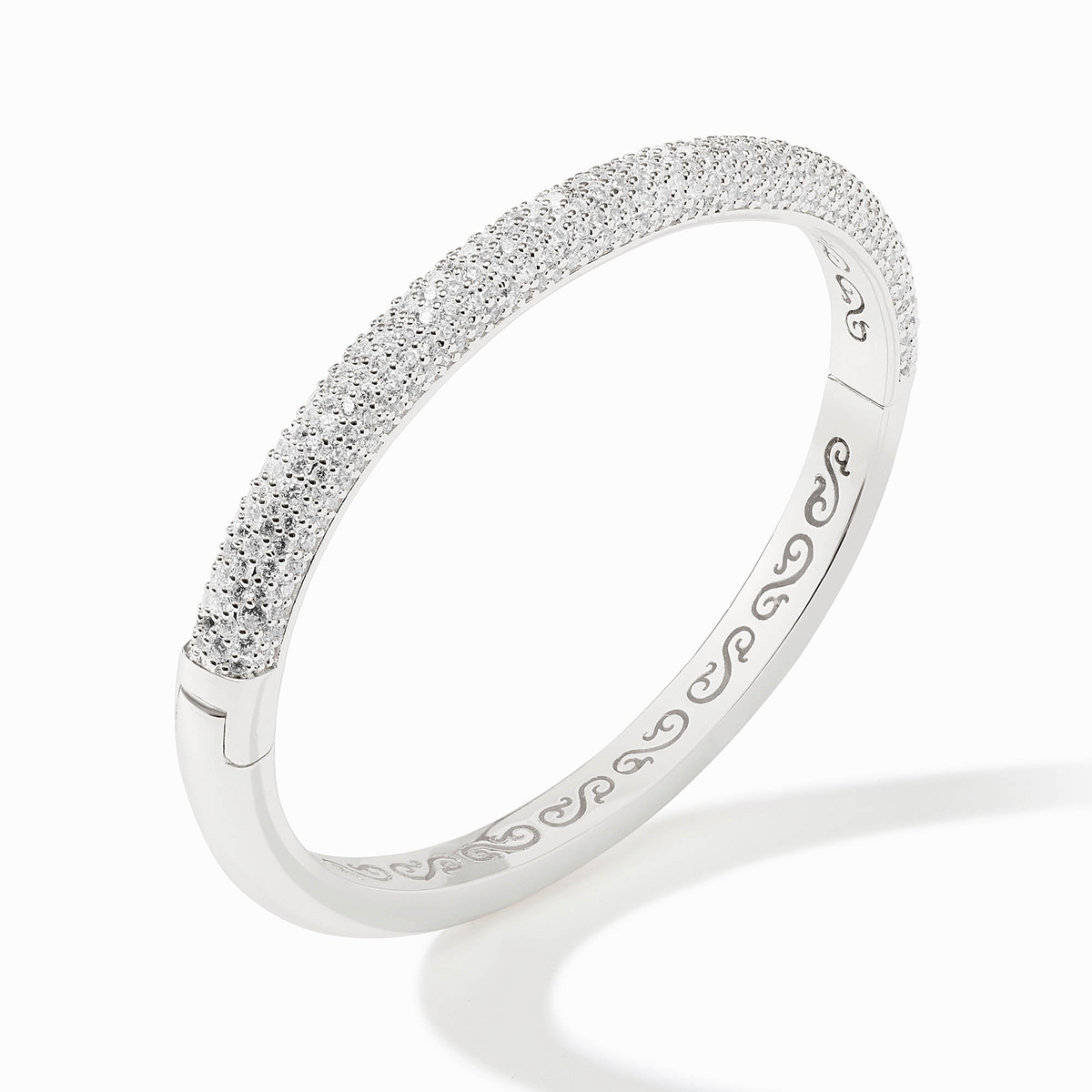 Silver Stardust Hinge Bangle with pavé cubic zirconia and interior scrollwork engraving.