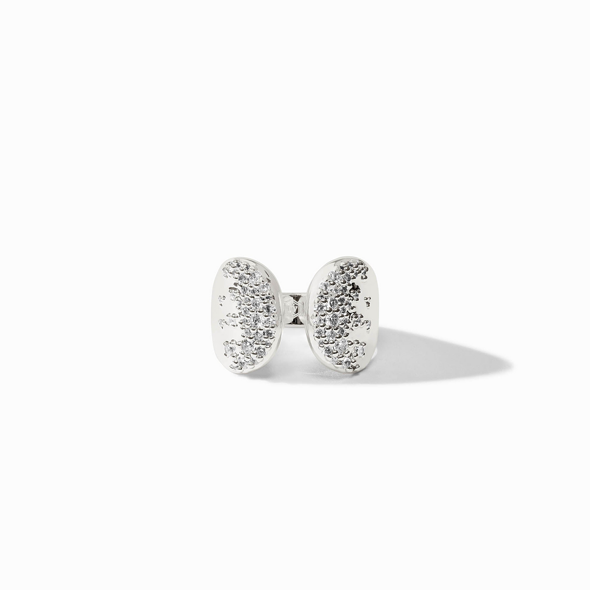 Silver Stardust Ring with two oval-shaped plates featuring pavé cubic zirconia accents.
