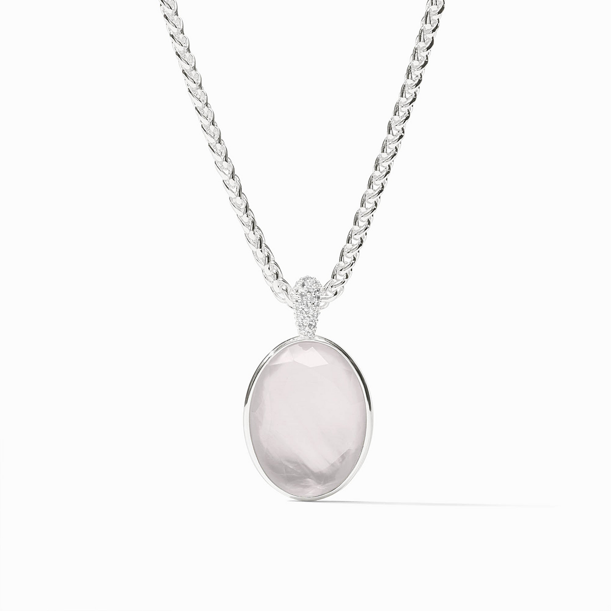 Stardust Statement Necklace in silver with an oval iridescent clear crystal pendant.