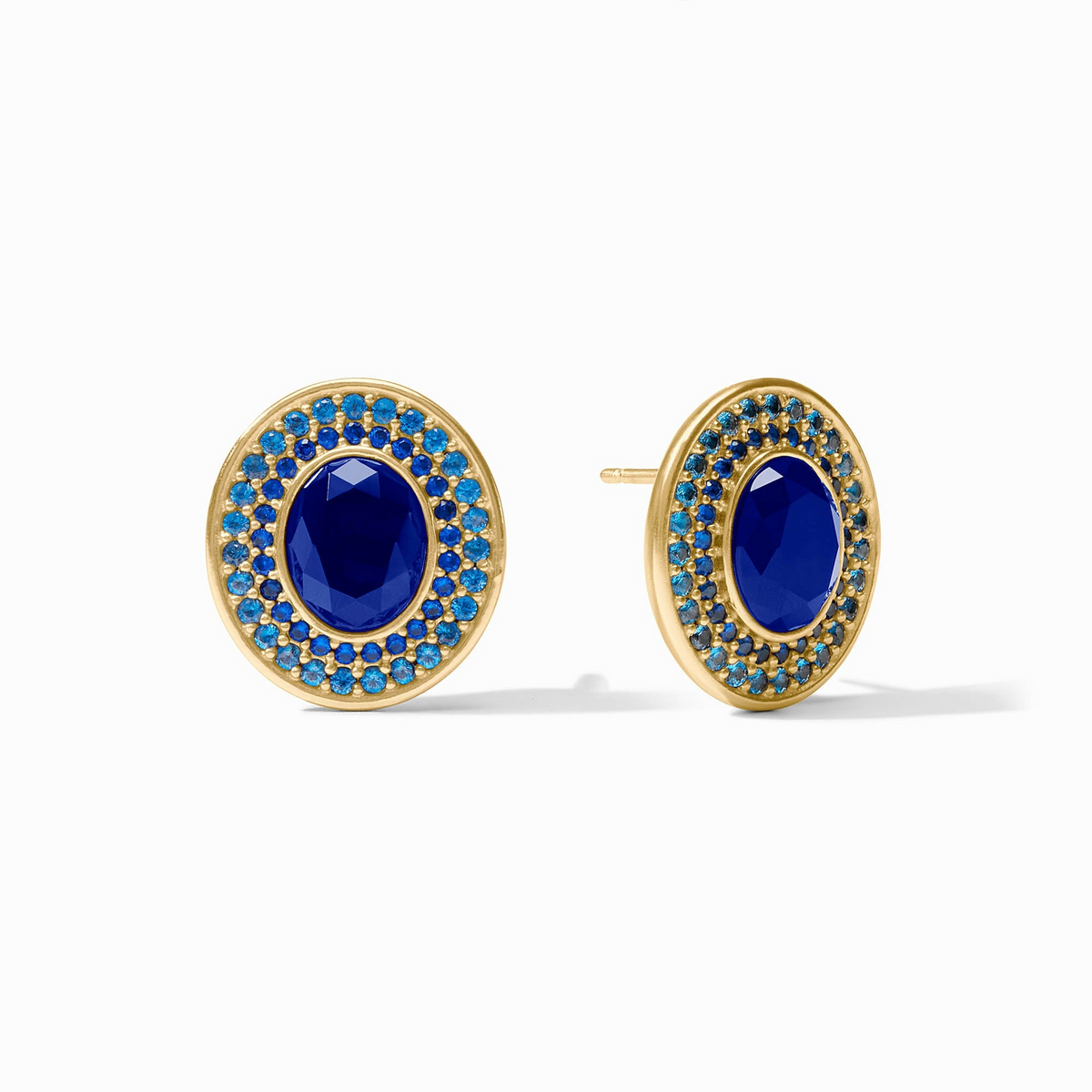 Oval 24K gold plate stud earrings with iridescent sapphire blue glass and CZ accents.