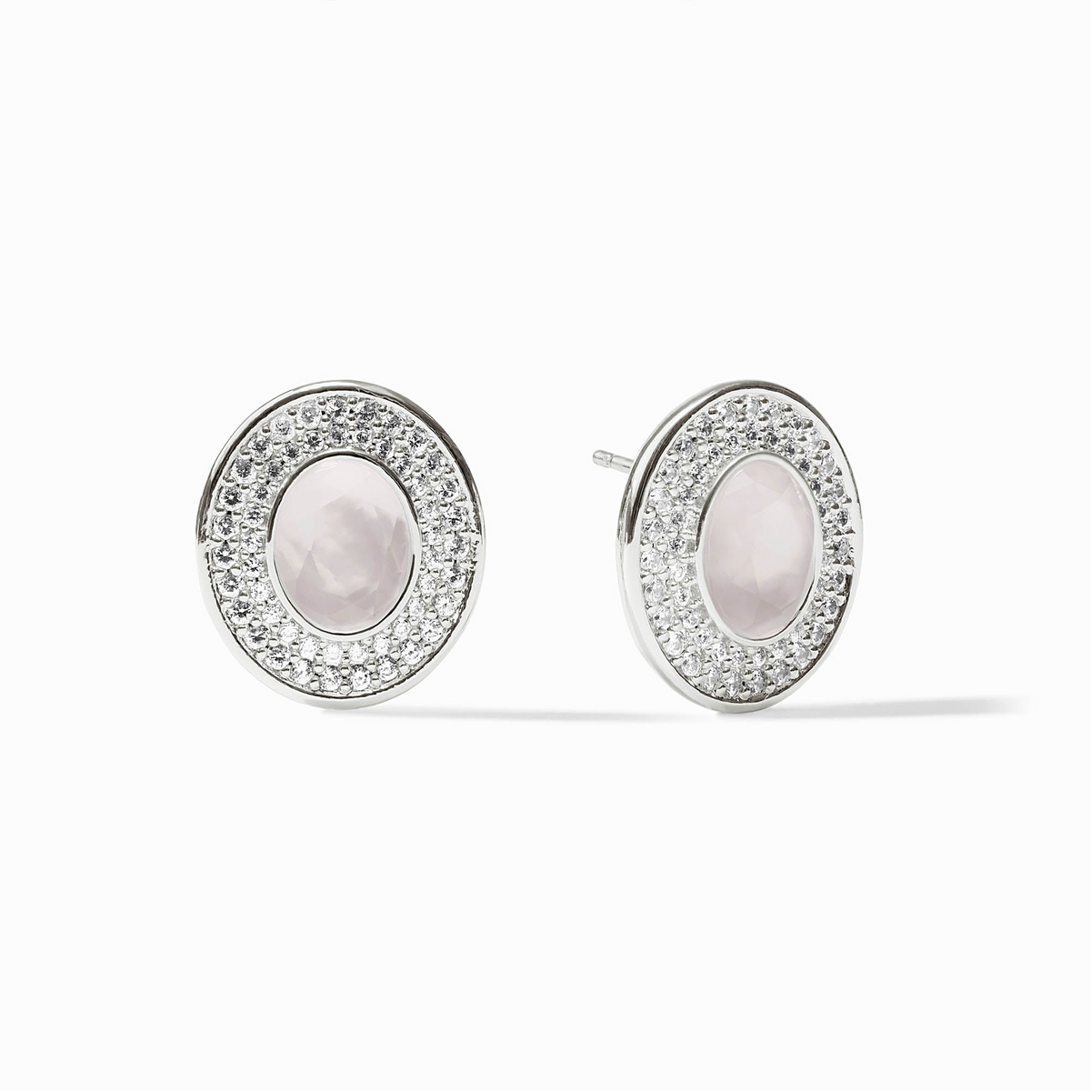 Silver-plated oval stud earrings with iridescent glass centers and clear cubic zirconia halos.