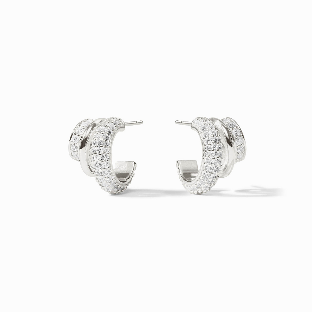 Stardust Triple Hoop Silver earrings with cubic zirconia pave and polished silver bands.
