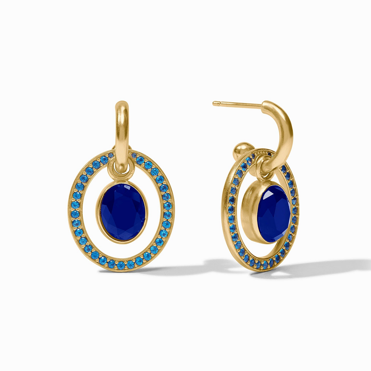 Stardust 6-in-1 gold earrings with sapphire blue glass and CZ accents.