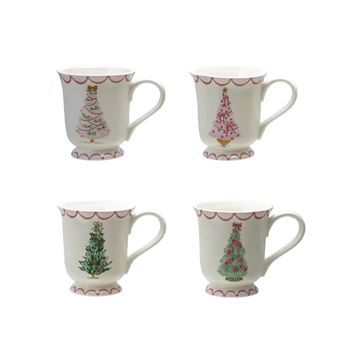 Set of four white stoneware mugs with pink scalloped trim and various Christmas tree designs.