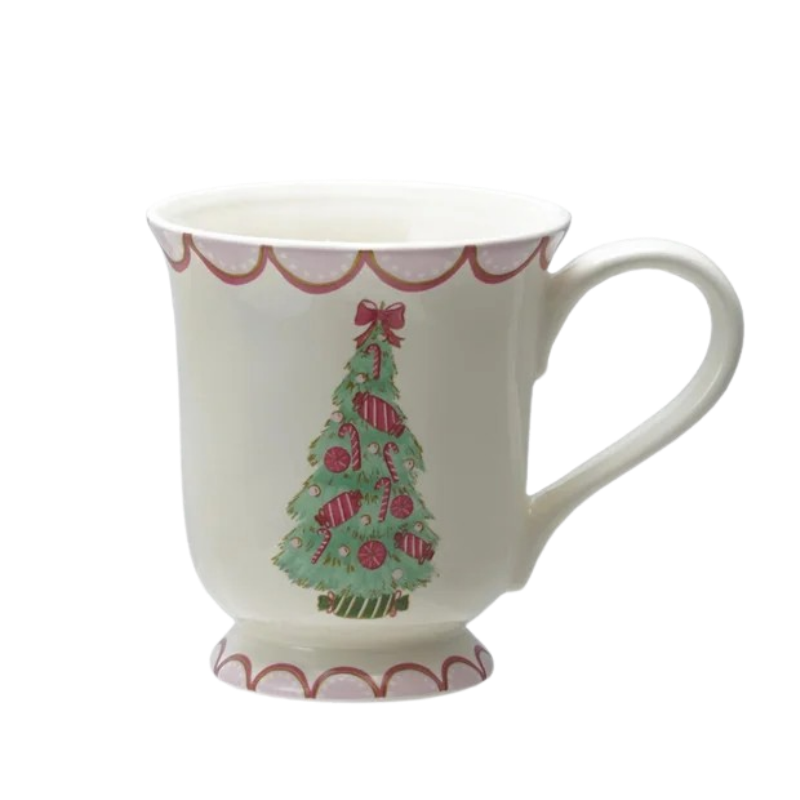 Stoneware mug with a decorated Christmas tree and pink scalloped trim on the rim and base.