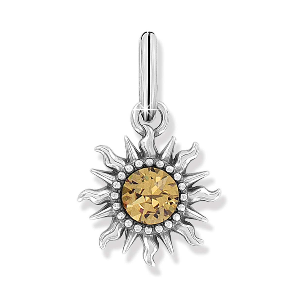 Silver-plated sun charm with a central yellow topaz crystal and small clear crystal accents.